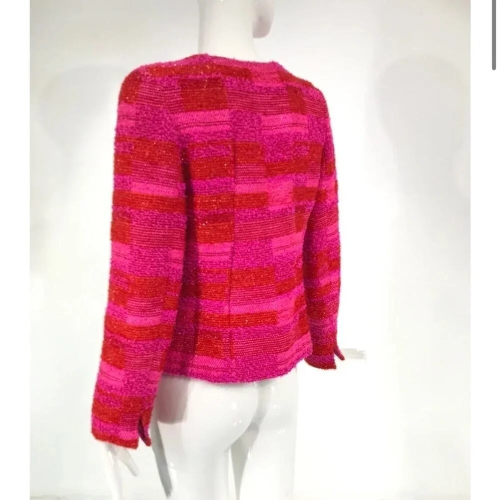CHANEL Hot Pink Orange Gold Metallic Thread tweed Cropped Jacket 2001 C Size 34